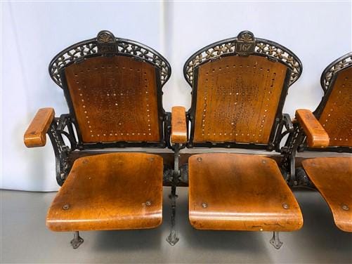 4 Wood Iron Folding Theater Seats, Auditorium Seats, Entryway Bench, D9