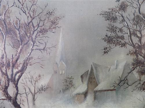 Art & Collectibles > Painting > Oil - 1880s Midwest Landscape Painting on Canvas, Original Art Winter Village, C by The Ol...