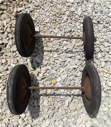 Toys & Games > Toys > Push & Pull Toys > Wagons - 4 Vintage Metal Baby Buggy Wheels Pedal Car Garden Cart Pumpkin Wagon A5...