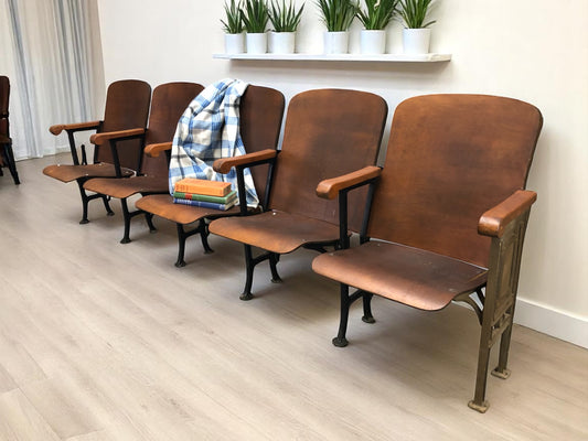 Home & Living > Furniture - 5 Vintage Wood Folding Theater Seats, Auditorium Seats, Entryway Bench, E16 by The Old Grainery