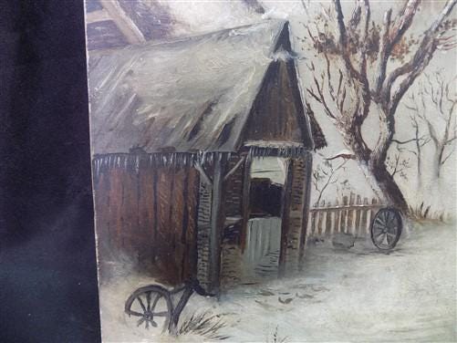 Art & Collectibles > Painting > Oil - 1880s Midwest Landscape Painting on Canvas, Original Art Winter Village, C by The Ol...