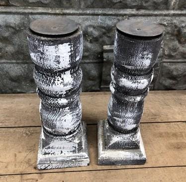 Home & Living > Home Decor > Home Accents - Pair Gray Wooden Pillar 14" Candlestick Holders, Decor, Table Centerpiece, B b...