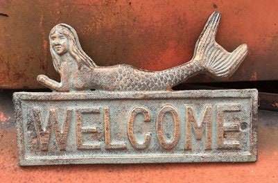 Home & Living > Home Decor > Wall Decor > Wall Hangings > Signs - Mermaid Decor, Decorative Welcome Sign, Cast Iron Mermai...