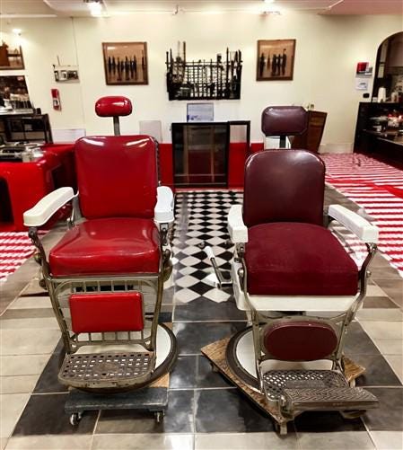 Home & Living > Furniture > Living Room Furniture > Chairs - Pair of Vintage Red Barber Chairs, Mid Century Barbershop Sal...