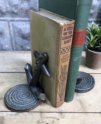 Home & Living > Home Decor > Home Accents > Bookends - Nautical Ship Anchor Rope Bronze Bookends, Vintage Library, Brass D...