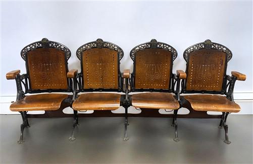 4 Wood Iron Folding Theater Seats, Auditorium Seats, Entryway Bench, D9