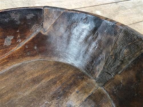 Dark Wood Bowl, Rustic Farmhouse Table Decor, Carved Wooden Bread Bowl A23