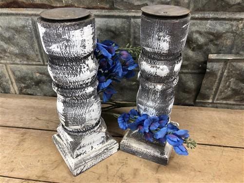 Home & Living > Home Decor > Home Accents - Pair Gray Wooden Pillar 14" Candlestick Holders, Decor, Table Centerpiece, B b...