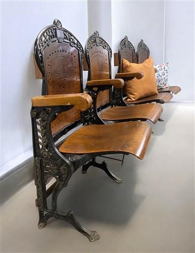 4 Wood Iron Folding Theater Seats, Auditorium Seats, Entryway Bench, D9