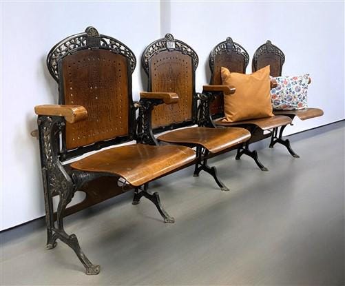 4 Wood Iron Folding Theater Seats, Auditorium Seats, Entryway Bench, D9