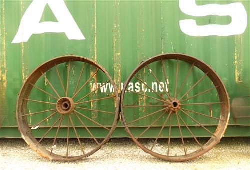 2 Cast Iron Implement Wheels, Wagon Wheel, Tractor Steel Rims, Industrial Age C