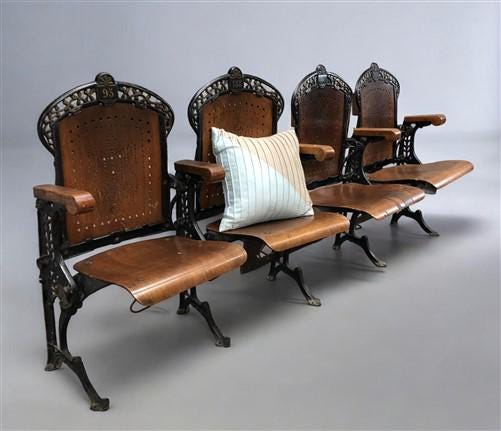 4 Wood Iron Folding Theater Seats, Auditorium Seats, Entryway Bench, D15