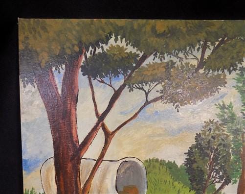 Art & Collectibles > Painting > Oil - 1975 EB American Folk Art Painting on Canvas, Covered Wagon Cattle Original Art by T...