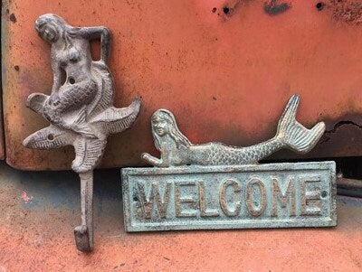 Home & Living > Home Decor > Wall Decor > Wall Hangings > Signs - Mermaid Decor, Decorative Welcome Sign, Cast Iron Mermai...