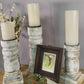 Set 3 White Wooden Pillar Candlestick Holders, Mantel Decor, Table Centerpiece,