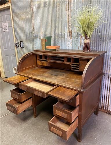 Vintage Roll Top Desk, 4' Oak Desk, Home Office Desk, Student Desk, Library Teachers Desk, Mid Century Desk, Wood Furniture